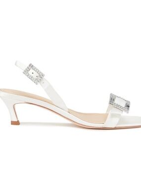 Saks Fifth Avenue White Slingback Kitten Heel Sandals with Crystal Buckles